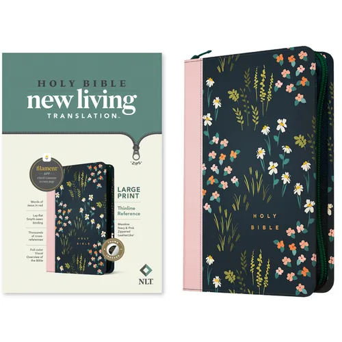 NLT Large Print Thinline Reference Zipper Bible, Filament Enabled (Leatherlike, Meadow Navy & Pink, Indexed, Red Letter)